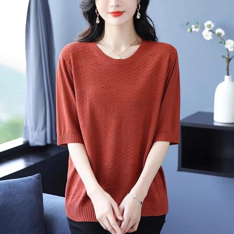 Middle Aged Mom's Mid Sleeve T-shirt Women's Summer Loose Plus Enlarged Size Ice Silk Knitted Top