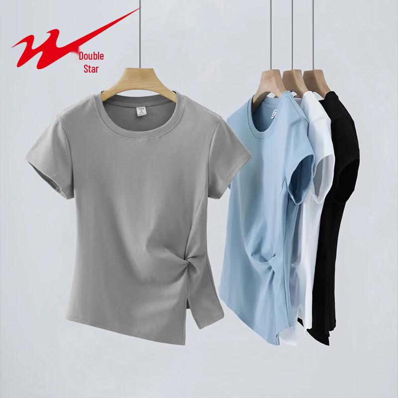 Shuangxing Women's Summer Round Neck Slim Fit Irregular Pleated T-Shirt