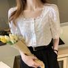 Summer White Cotton Lace Shirt Women Square Collar Short Sleeve Tops Shirts Women Hollow Out Vintage Elegant Blouse Blusas
