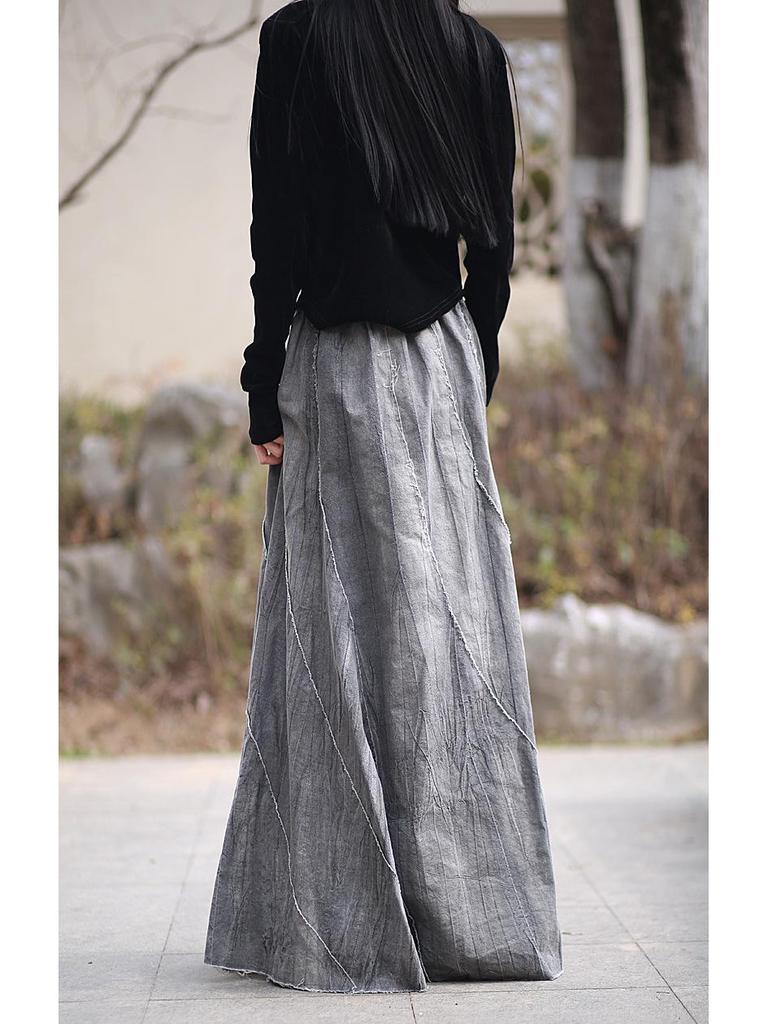 Spring/Summer Ramie Tie-Dye Patchwork Midi Skirt with Frayed Edges