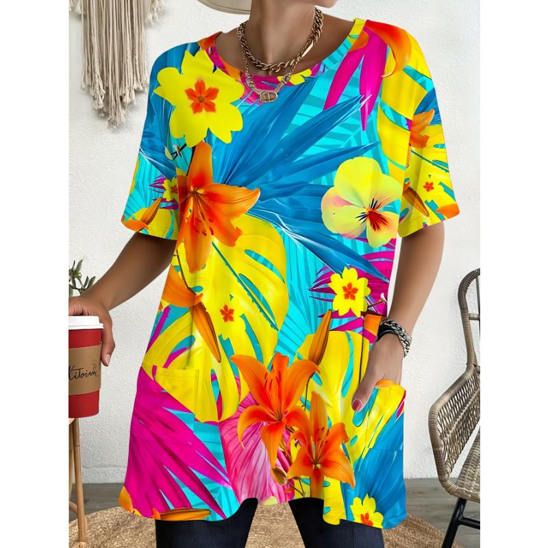Large size women s short sleeved pocket T-shirt with tropical floral print loose T-shirt for women s summer new style 1XL