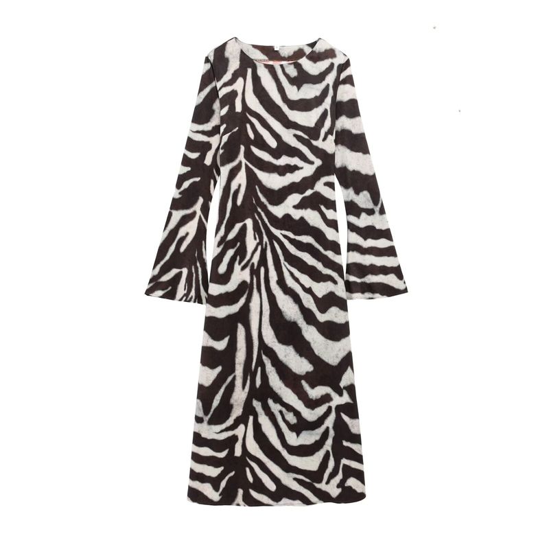 

Kaslead New Women clothes Western Style Fashion Bell Sleeve Zebra Pattern Micro Pull Long Dress Picture Color L