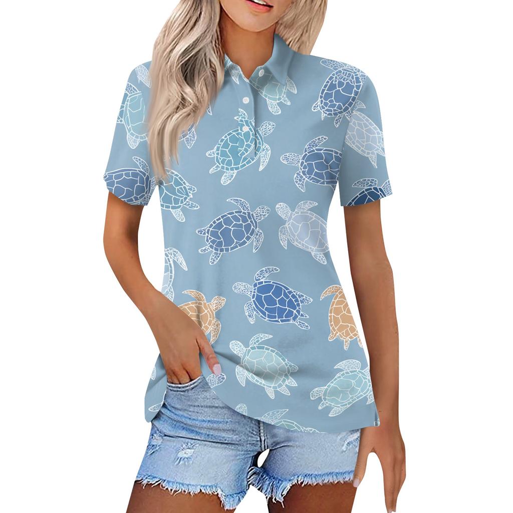 Dámská móda Ležérní klopa košile s krátkým rukávem s potiskem Dámské topy se zapínáním na knoflíky