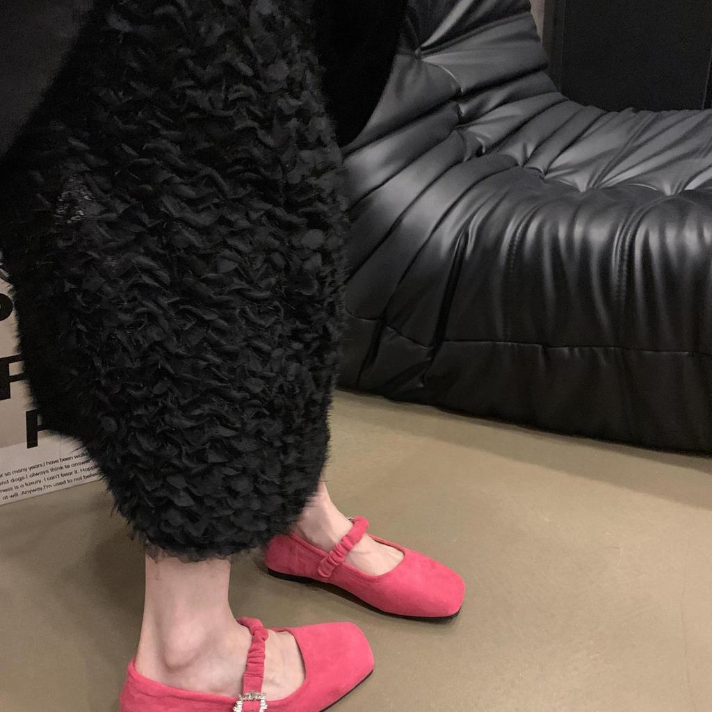 Square Head Mary Jane Shoes Women's Suede Flat-soled Single Shoes Rhinestone Buckle Pleated Belt with Skirt Temperament Grandma Shoes Tide