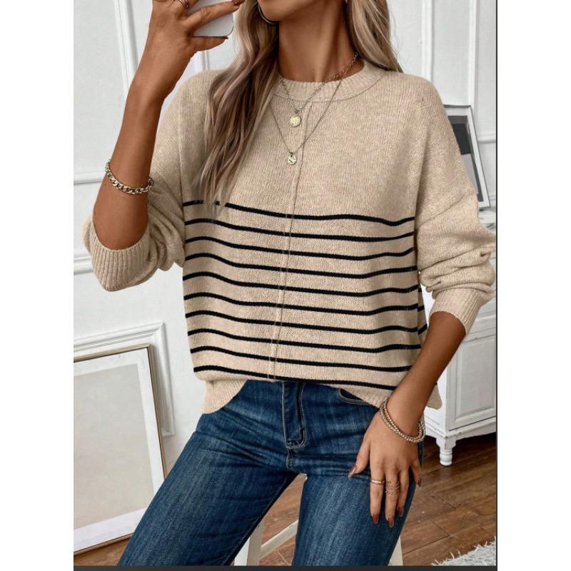 Women S Loose Casual Knit Striped Round Neck Sweater