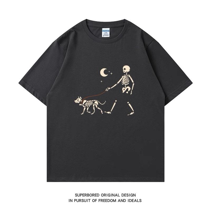 ZAZOMDE Gothic Aesthetic Skeleton Walking Pet Dog Moon Star Printed Short Sleeve Tshirt Unisex Breathable Cotton Casual Tee