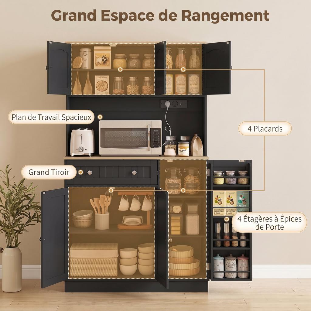 Buffet high cuisine, kitchen cabinet, charging station, 6 doors, worktop, spice rack, 100x40x173cm, black