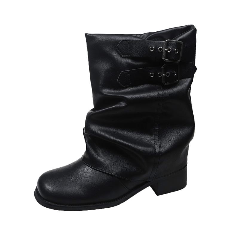 Autumn Vintage Thick Heel Women Western Cowgirl Boots Fashion Belt Buckle Ladies Elegant Slip On Mordern Short Booties