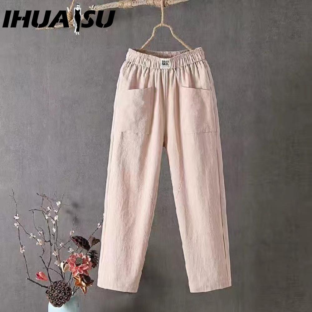 

Летние женские брюки IHUASU, повседневные хлопково-льняные брюки, свободные прямые брюки, укороченные брюки-шаровары M бежевый