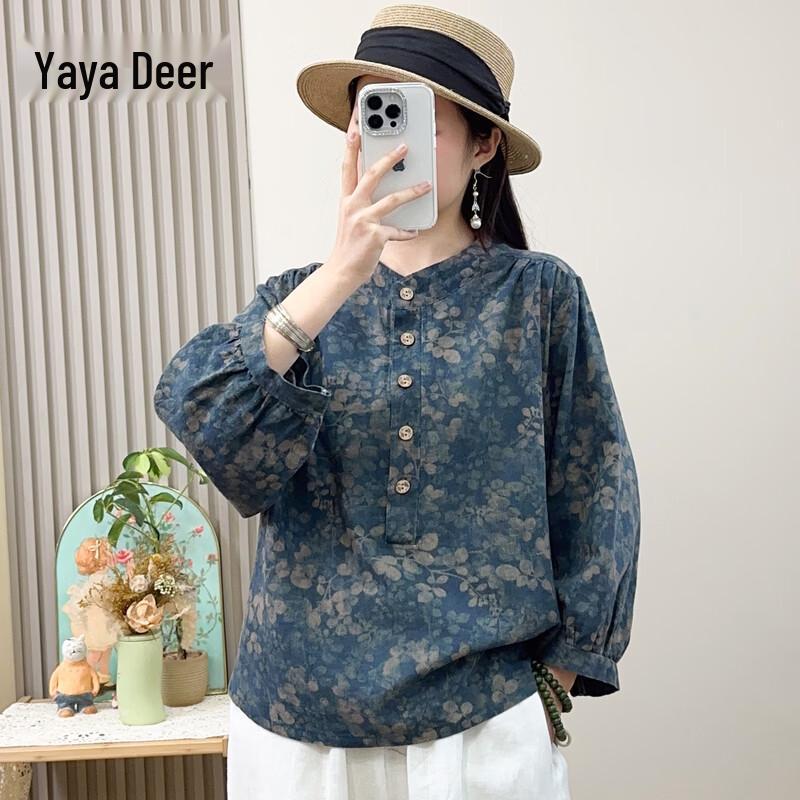 Yalu Women s Chinese Retro Cotton Linen Printed Long Sleeve Shirt 5XL