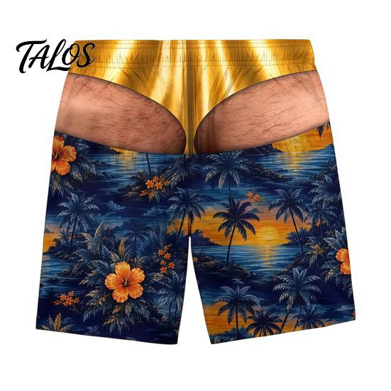 Adjustable Drawstring Swim Shorts Hairy Big Booty Shorts, USA Flag Print Men Trunks, Golden Funny Beach for Briefs Design, Summer Pool Party Vacation