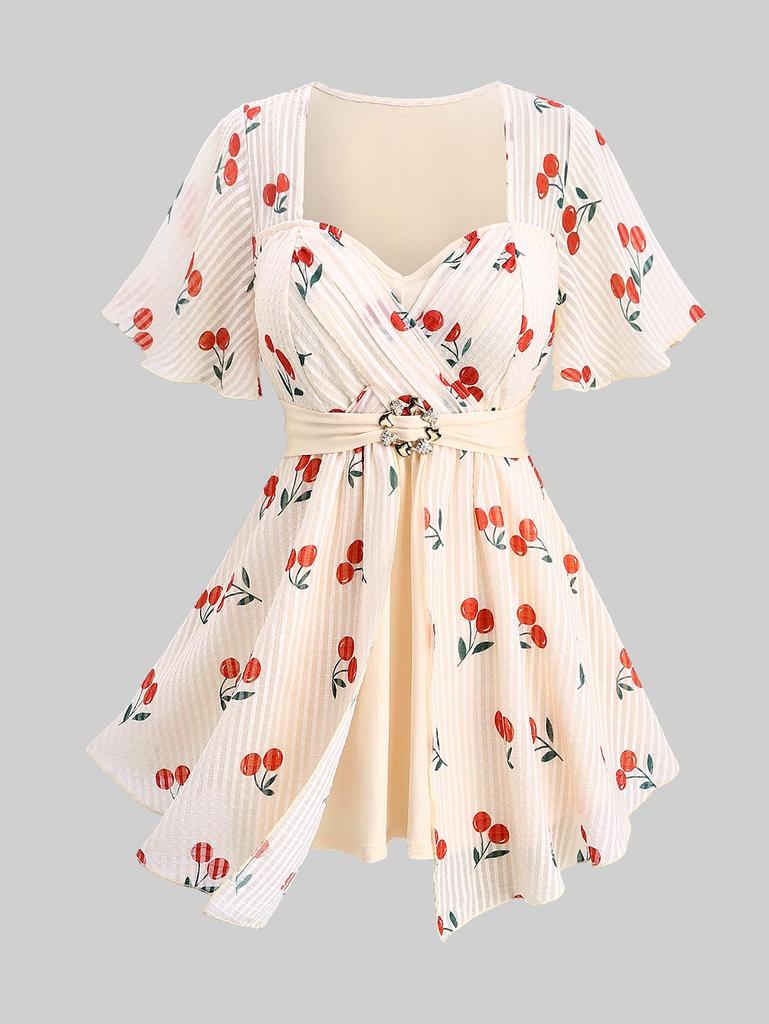 Rosegal Plus Size Cherry Fruit Waffle Plaid Print Buckle Crisscross Ruched Blouse