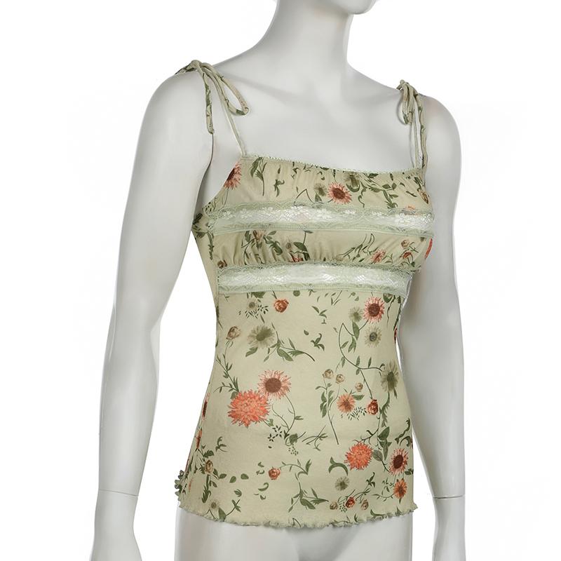 Fairycore Vintage Summer Camis Tops Lace Spliced Floral Printed Strappy Y2K Aesthetic Women Tops Holidays 2000s Cute