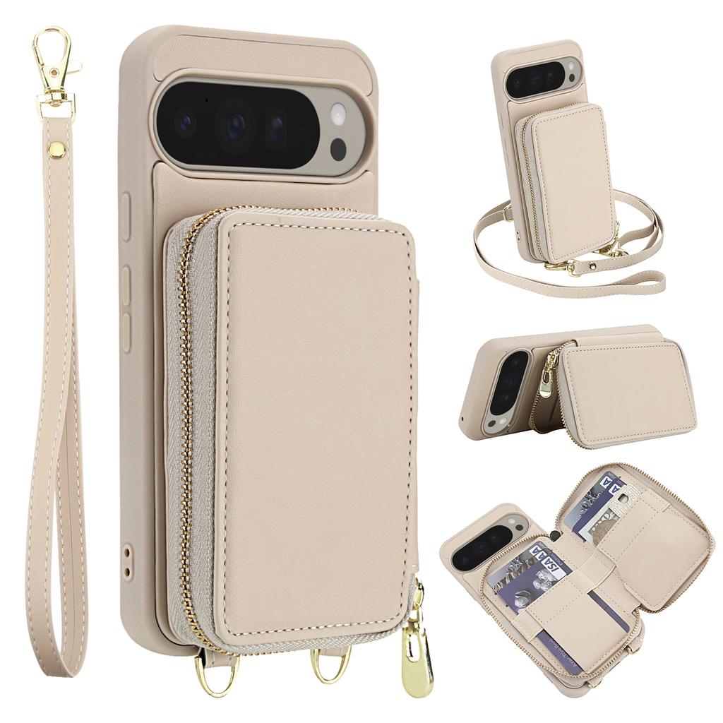 For Google Pixel 9 Pro XL Case RFID Blocking Zipper Wallet Leather + TPU Phone Cover with Shoulder Strap