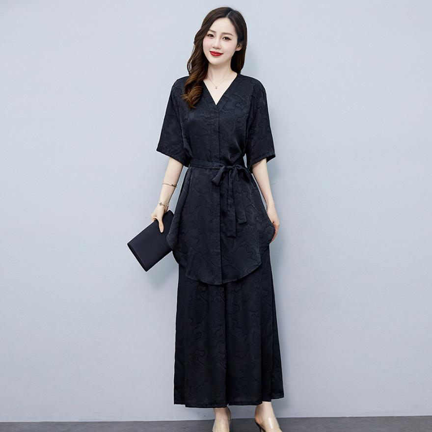 

Комплект кюлотов большого размера Женский леди свободный жир ММ платье прикрывающее мясо среднего возраста топ брюки с широкими штанинами комплект из двух предметов XXXL чёрный