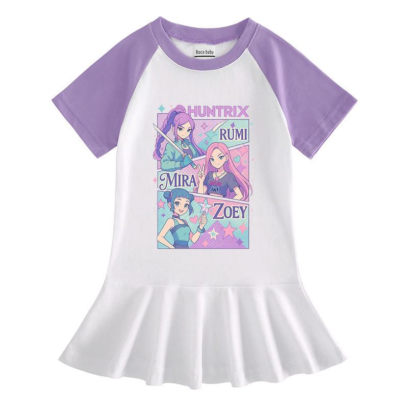 Girls Kpop Rumi Mira Zoey Hunters Print Raglan Sleeves Summer Dress