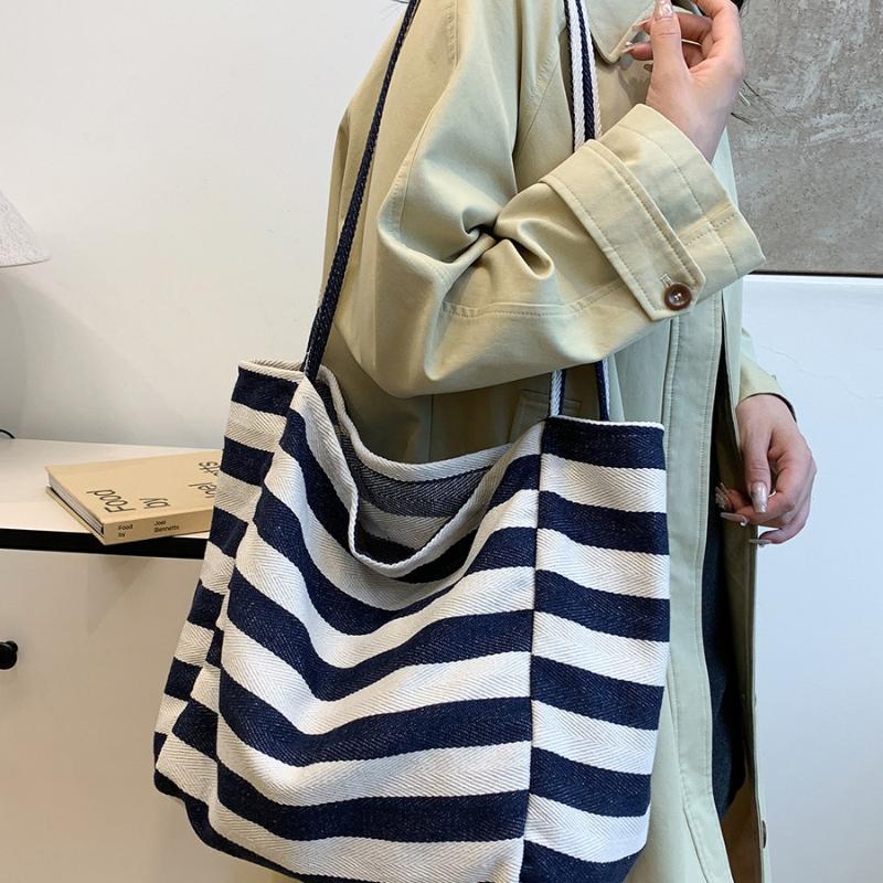 1Pcs Fashion Large Capacity Ladies Tote Handbags Simple Striped Women'S Canvas Casual Shoulder Bags Female Daily Shopping Bags