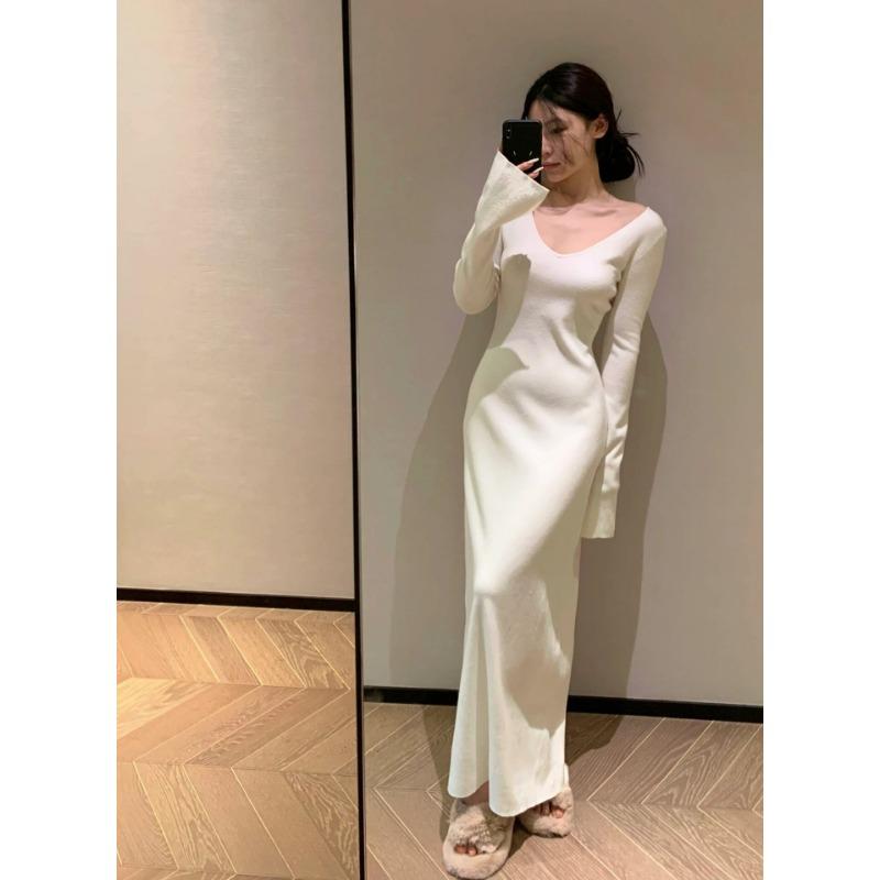 

Design niche high-end sense gentle wind sexy temperament slim and thin big V-neck versatile long-sleeved knitted dress XL белый