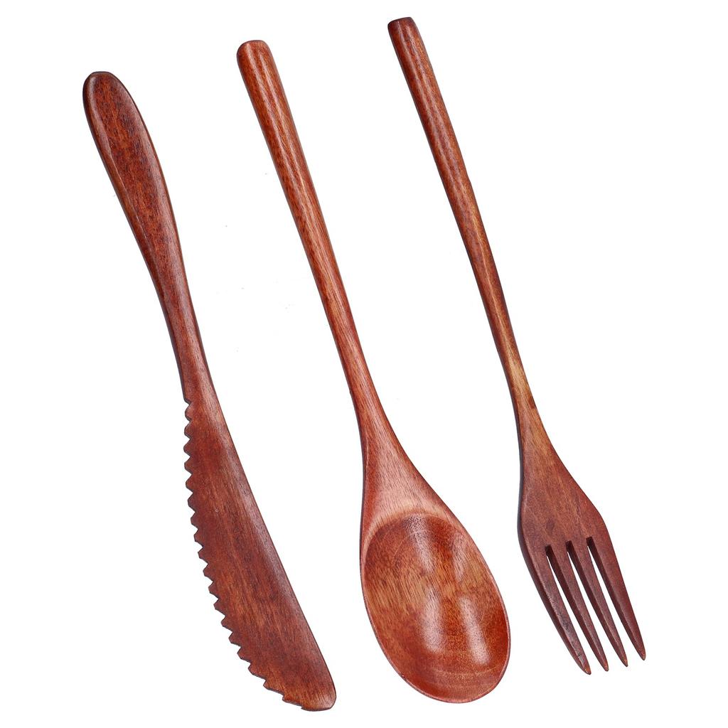 Zestaw 3 szt. noży, widelców i łyżek, drewniane, przenośne sztućce do deserów, do domu i hotelu