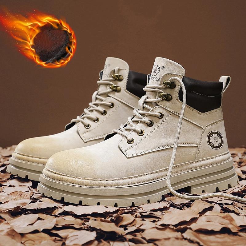 Fashion Outdoor Leather Mens Slip on Boots Platform Shoes Luxury Brand Men Winter Snow Boots Fashion All-match Men Motocross Boots