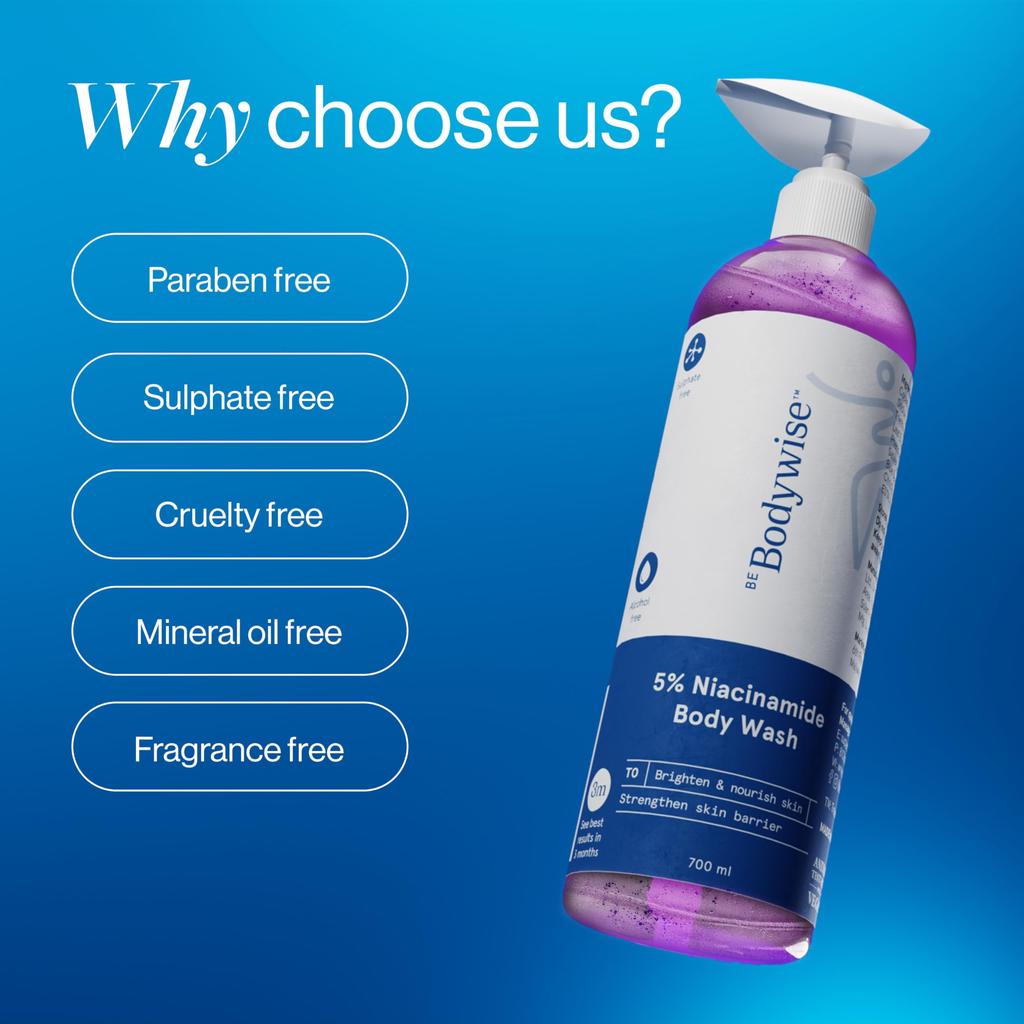Be Bodywise 5% Niacinamide Brightening Body Wash 700ml | Hydrates & Deep Cleanses Skin | For Glowing & Hydrated Skin | With Aloe Vera, Vitamin B3 & E