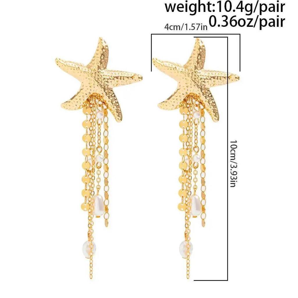SHIXIN Boho Starfish Imitation Pearl Crystal Long Tassels Pendant Earrings Women Trendy Summer Piercing Drop Earring Y2K Jewelry