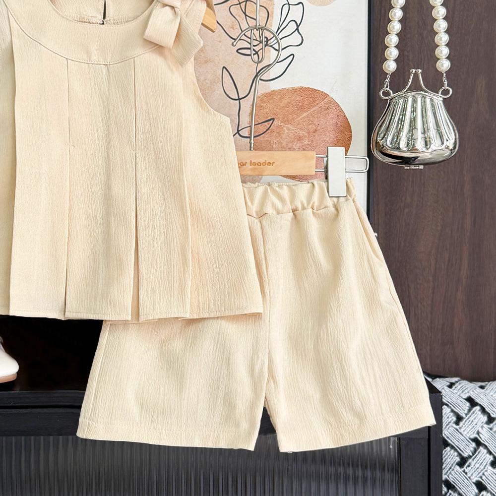 Girls' Outfit Solid Color New Korean Style Bow Pleated Sleeveless Top Shorts Two-Piece Set for Young Girls Summer Children's Clothing