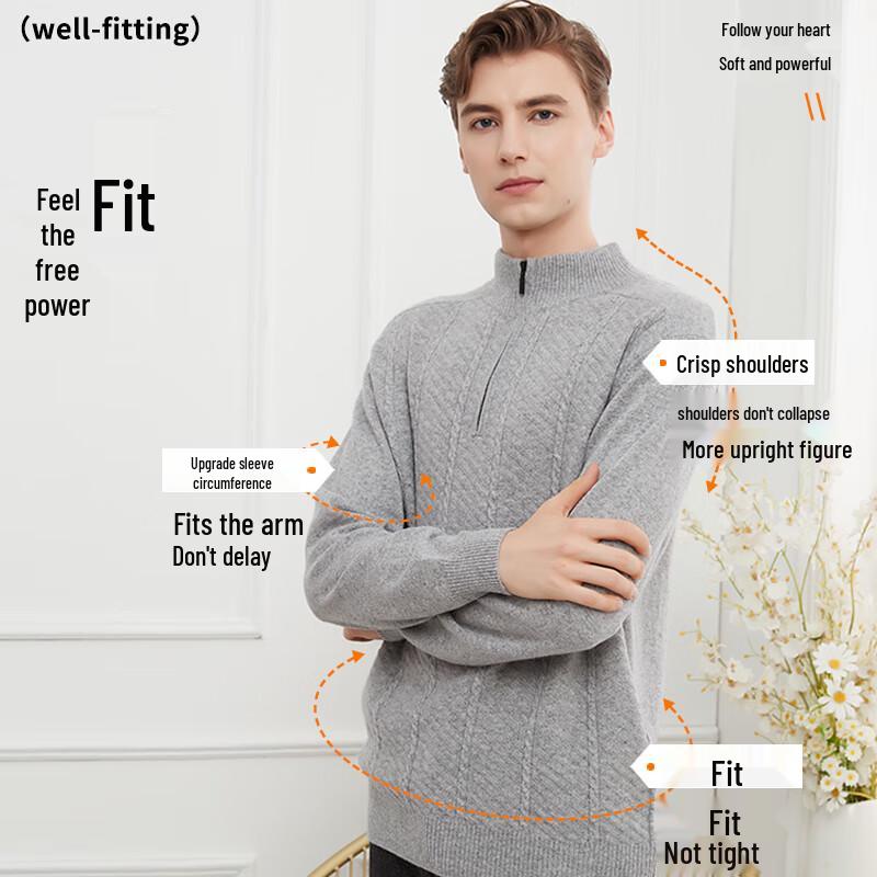 Hengyuanxiang Men's Pure Cashmere Quarter-Zip Pullover Sweater