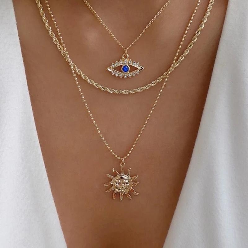 Bohemian multi-layer necklace women's retro sunflower pendant niche stacked wearing collarbone chain accessories hokr neck chain