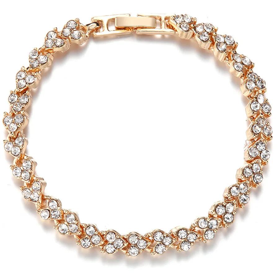 Luxury Roman Crystal Bracelet for Women Fashion Heart Chain Bracelets Rhinestone Bangle Wedding Bridal Jewelry Accessories Gifts