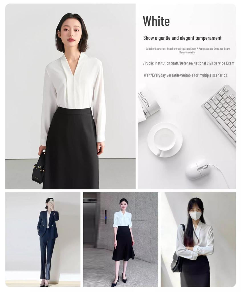 Women's White Chiffon V-Neck Professional Shirt – Elegant Formal Wear for Interviews and Office Settings