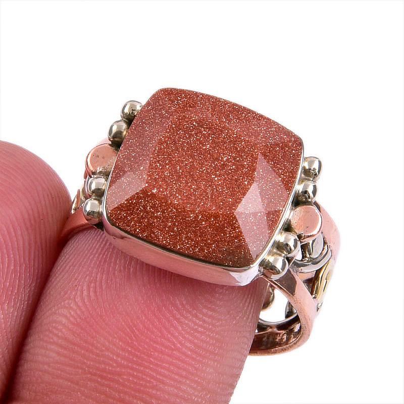 

Natural Sunstone Gemstone Two Tone 925 Sterling Silver Jewelry Ring S.9.5 r6S99