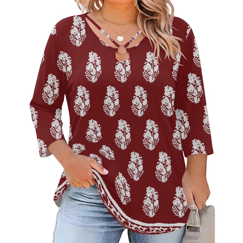 Blusa Floral Feminina Plus Size com Manga Três Quartos, Blusa Casual, Túnica de Corte Amplo para Primavera Verão, Uso Diário, Trabalho e Saídas