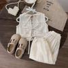Girls Sleeveless Lace Top with Heart Button Closure and High Waist Wide Leg Pants Set Lightweight Summer Outfit for Toddlers and Kids
