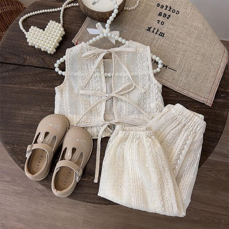 Girls Sleeveless Lace Top with Heart Button Closure and High Waist Wide Leg Pants Set Lightweight Summer Outfit for Toddlers and Kids