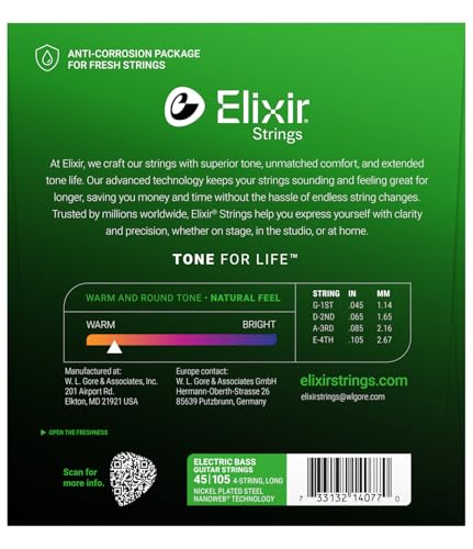 Cordas de Baixo ELIXIR NANOWEB Níquel Escala Longa, Leve/Médio, .045-.105, #14077 (Produto Oficial Japonês)