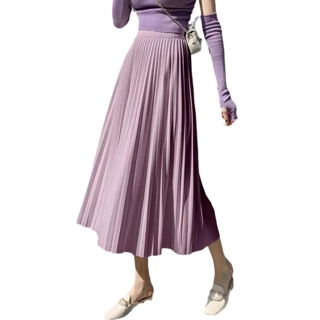 Pleated Midi Skirt, Wool-blend, Thick and Flowing, Solid Color Slimming A-line Silhouette