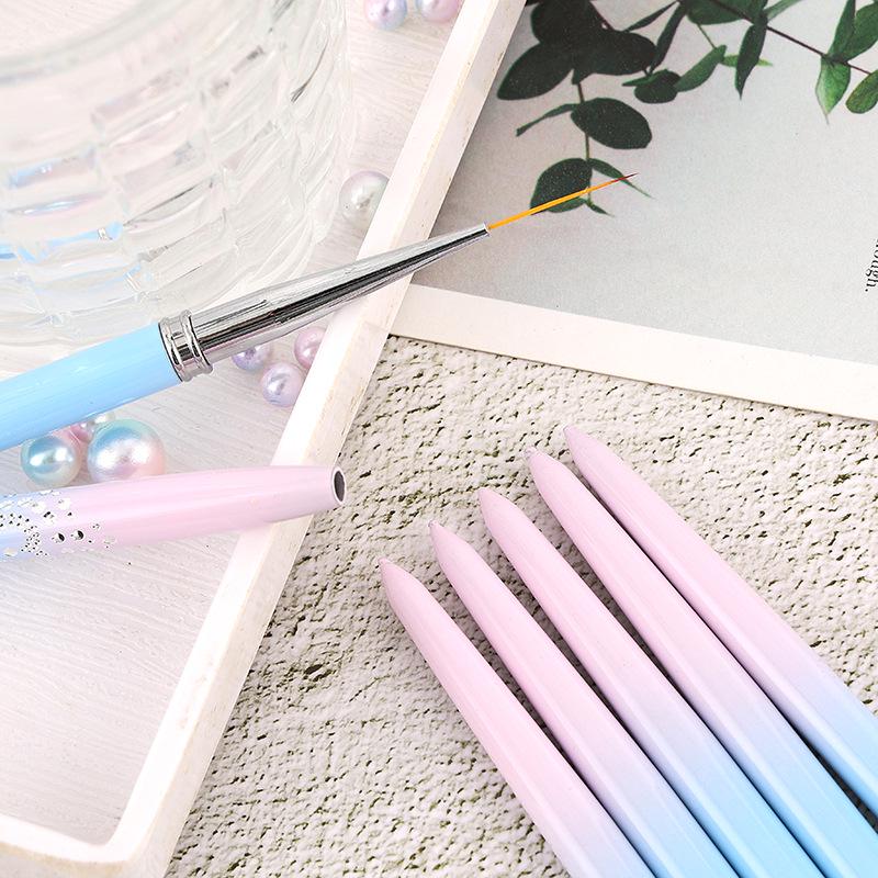 Nail Art Pen Set: 6-Piece Gradient Blue/Pink for Flowers & Lines, Beginner-Friendly with Cap & Nylon Hair.
