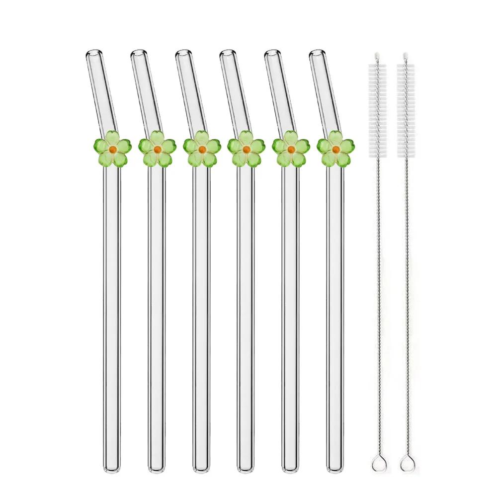 6PCS Reusable Drinking Straws Cute Flower Glass Straws with Cleaning Brush for Coffee Lover Smoothies Frozen Drinks Tea Juice