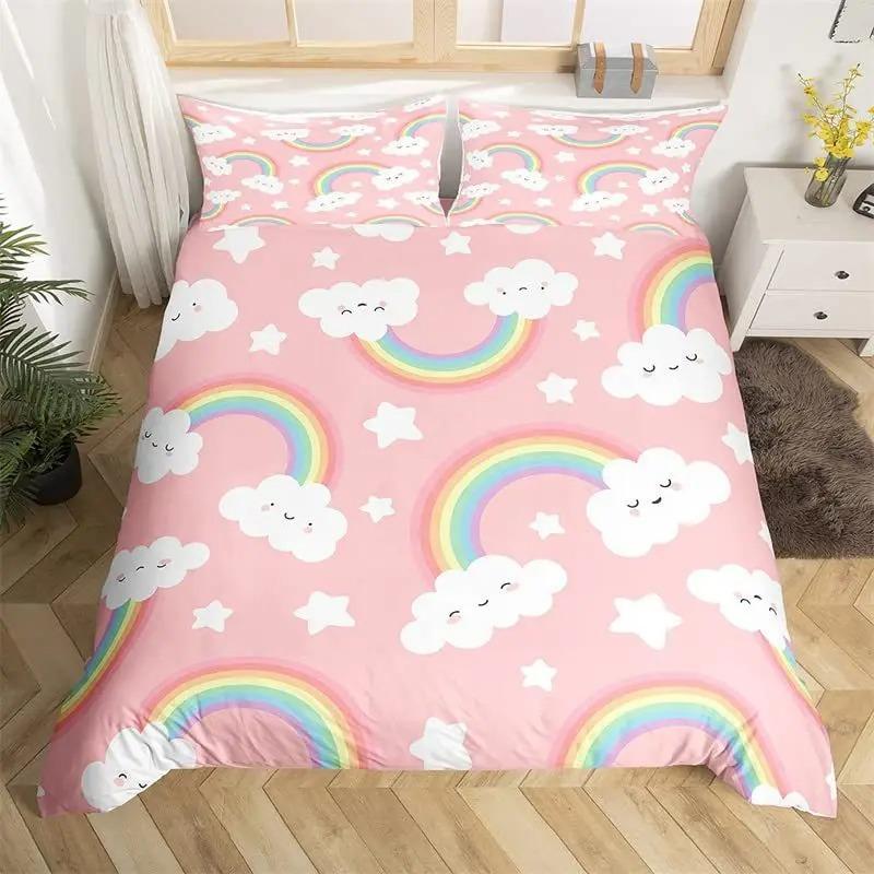 3D Rainbow Cloud Print Duvet Cover Set, Soft Microfiber Cute Cartoon Unicorn Bedding Set With Pillowcases