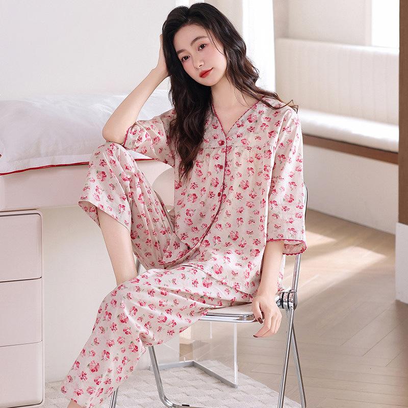 Woven Cotton Gauze Pajamas Women's Spring Cotton Seven-quarter Sleeves 1011 New Summer Cotton Mother Loungewear