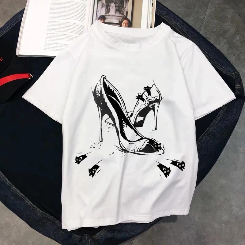 Kawaii T Shirts Women Cat New Tops Female Tshirt Loose Tshirt Summer Tee White Tshirts Round Neck Oversized T Shirt
