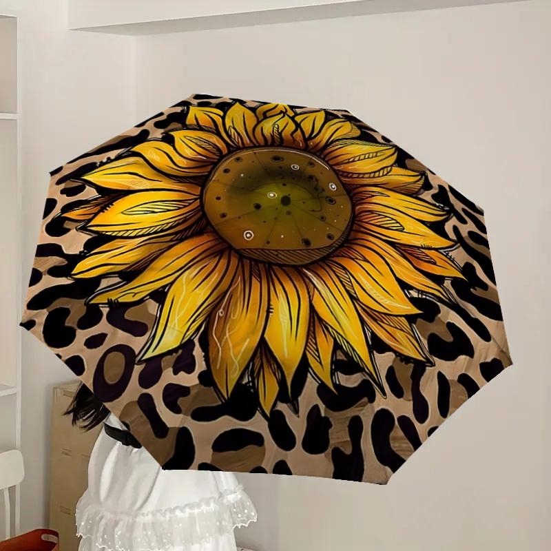 1pc Sunflower Leopard Print Design Umbrella with Plastic Handle,Suitable for All Seasons Home Travel Outdoor UmbrellaDD1178