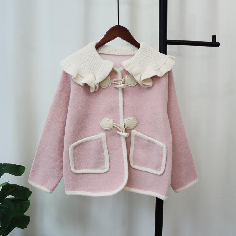 Removable collar horn buckle sweater jacket women's 2025 autumn and winter new sweet doll collar knitted double-sided woolen cardigan