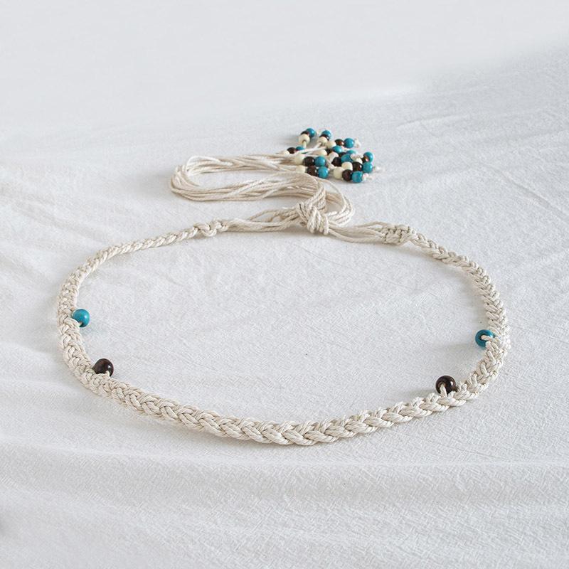 Boho Style Wax Rope Weaving Knotted Ethnic Style Handmade Wooden Beads Women's Belt Leisure Vacation Style Exquisite Waist Rope