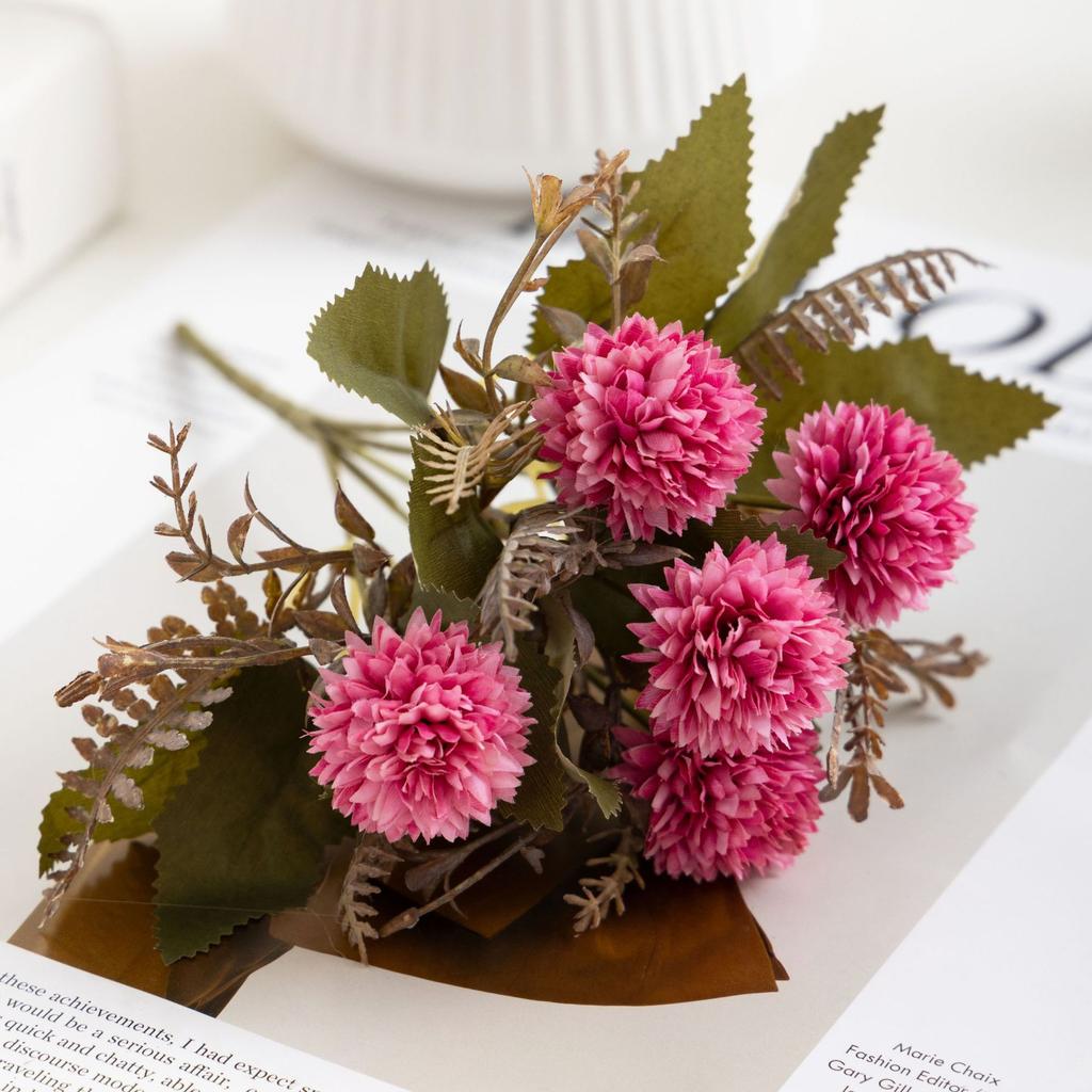 1PC Vintage-style artificial ball chrysanthemum bouquet; table centerpiece; faux flowers for living room; home decor; party decoration.