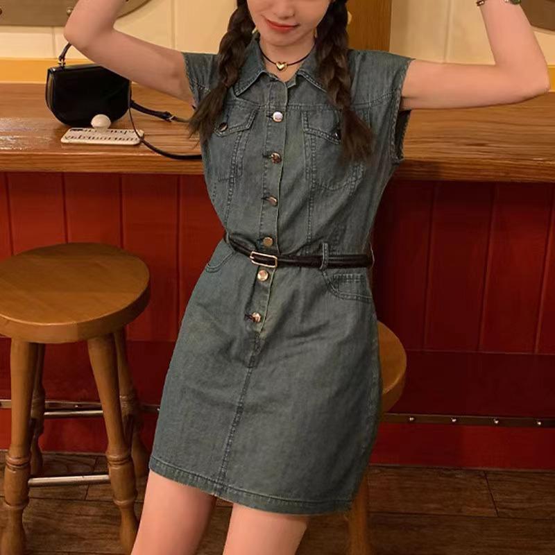 

Женское платье-юбка Shisanhang West Coast в стиле ретро из денима с поясом — облегающее, длинное/короткое, летний стиль Medium