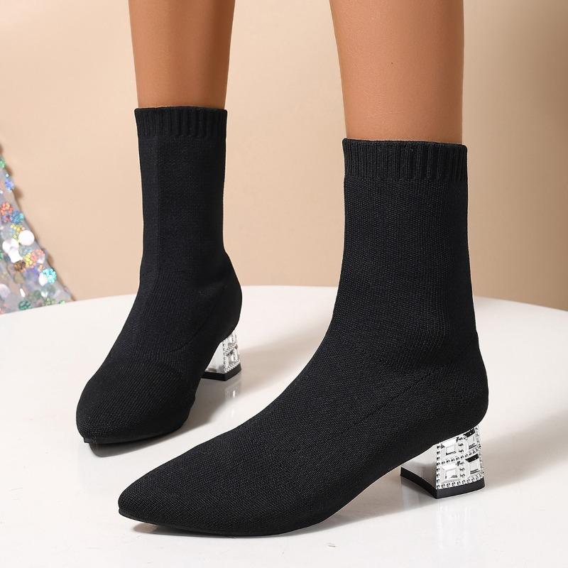 Stretchy Socks Boots Temperament Pointed Toe Knit Breathable Non-Slip Sleeve Rhinestone Heeled Booties