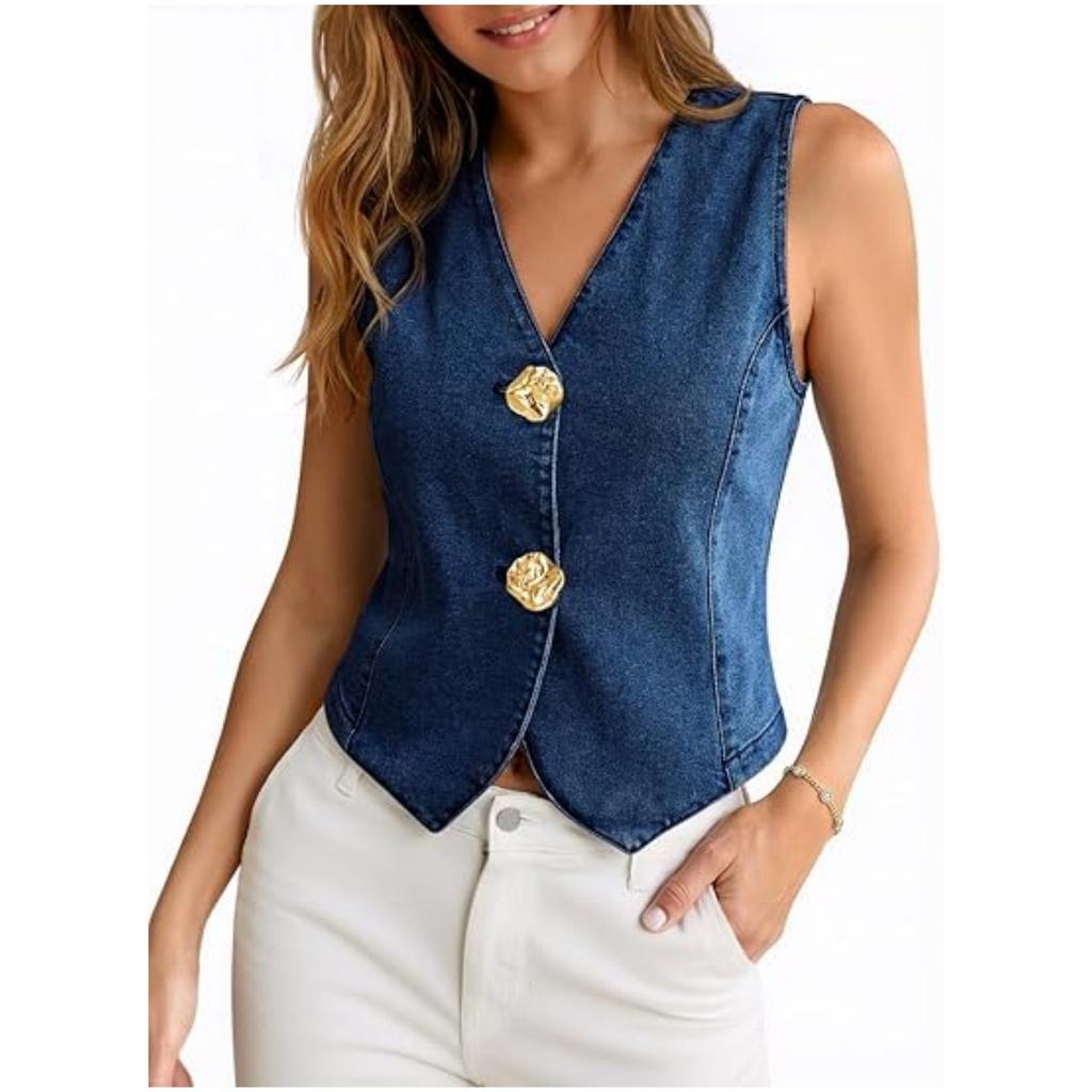 Womens Button Down Denim Vests Tops  Casual V Neck Cropped Jean Tank Tops