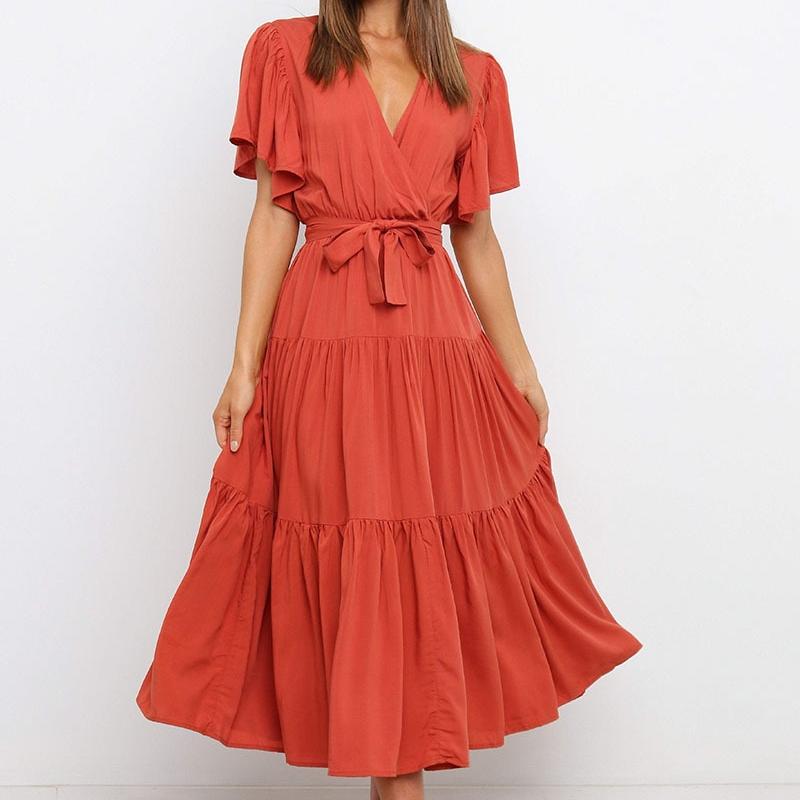 

Летнее платье QICED с V-образным вырезом, короткими рукавами, длинной юбкой и шнуровкой на талии в стиле бохо XL арбуз красный